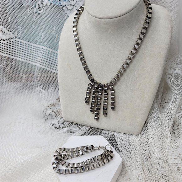 Bike Chain Necklace & Bracelet Set Silver Tone - Picture 7 of 9